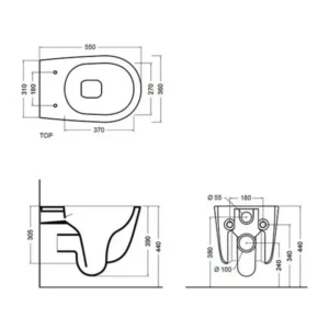 Tehnički crtež AXA Eva WC šolje konzolne rimless 8801001 sa dimenzijama 36 × 39 × 55 cm