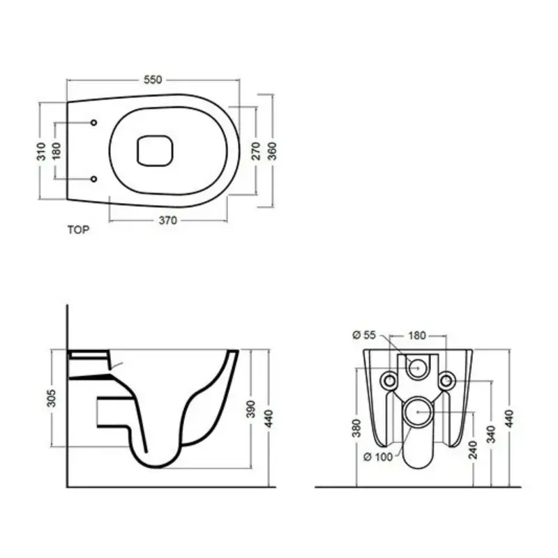 Tehnički crtež AXA Eva WC šolje konzolne rimless 8801001 sa dimenzijama 36 × 39 × 55 cm