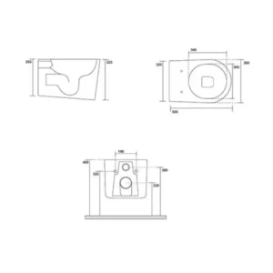 Tehnički crtež AXA DP WC šolje konzolne rimless 8401007 sa dimenzijama 36 × 32 × 50 cm