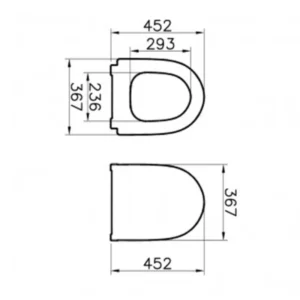 Tehnički prikaz VITRA Sento Slim WC daske 120-003-009 sa potvrđenim dimenzijama 36,7 × 5,1 × 44,5 cm, bela boja, za proveru uklapanja sa WC šoljom