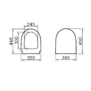Tehnički prikaz VITRA Options WC daske 86-003-009 sa potvrđenim dimenzijama 36,5 × 5 × 45 cm, bela boja, za proveru uklapanja sa Options i Bella WC šoljama