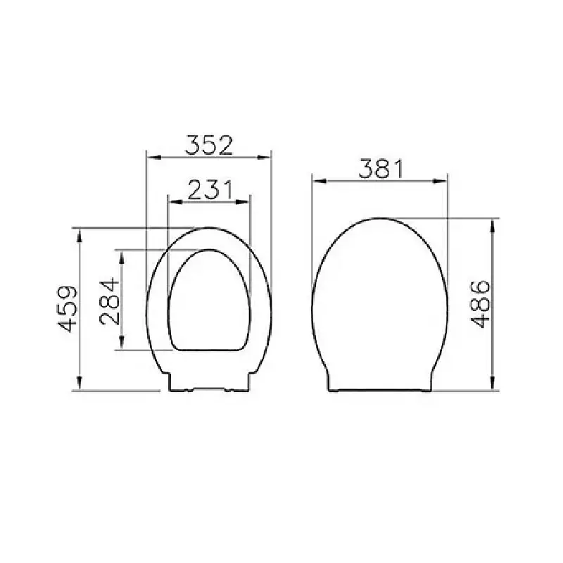 Tehnički prikaz VITRA Arkitekt dečije WC daske 62-003-001 sa potvrđenim dimenzijama 35,2 × 5 × 48,6 cm, bela boja, za proveru uklapanja sa WC šoljom