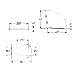 Tehnički prikaz GEBERIT Smyle Square Slim 500.687.01.1 Tehnički prikaz GEBERIT Smyle Square Slim WC daske 500.687.01.1 sa dimenzijama 35 × 4,5 × 45 cm i razmakom pričvršćivanja 15,5 cm