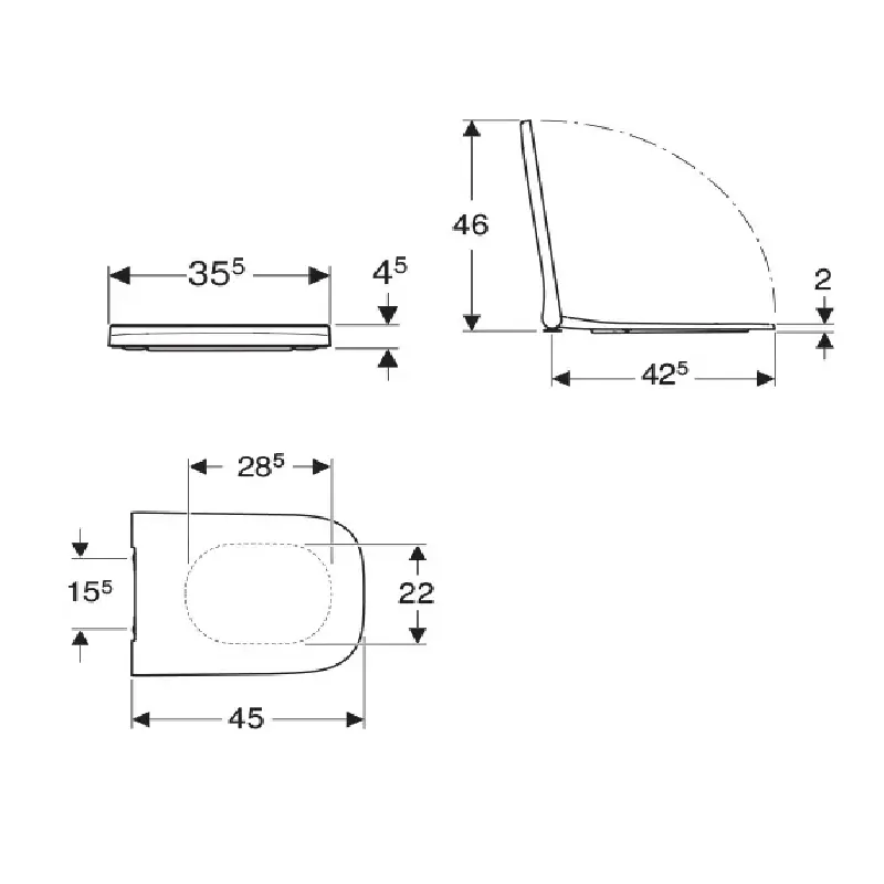 Tehnički prikaz GEBERIT Smyle Square Slim WC daske 500.687.01.1 sa dimenzijama 35 × 4,5 × 45 cm i razmakom pričvršćivanja 15,5 cm