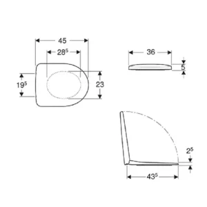 Tehnički prikaz GEBERIT Selnova WC daske 500.335.01.1 sa dimenzijama 36 × 5 × 45 cm i razmakom pričvršćivanja 15,5 cm