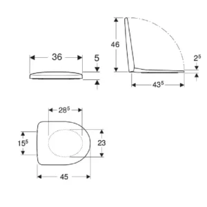 Tehnički prikaz GEBERIT Selnova 500.333.01.1 Tehnički prikaz GEBERIT Selnova WC daske 500.333.01.1 sa dimenzijama 36 × 5 × 45 cm, bela sjajna boja, za proveru uklapanja sa WC šoljom