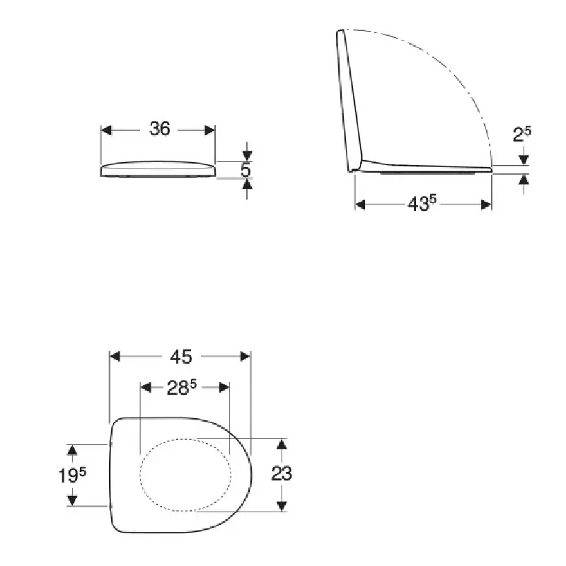 Tehnički prikaz GEBERIT Selnova WC daske 500.330.01.1 sa dimenzijama 36 × 5 × 45 cm i razmakom pričvršćivanja 15,5 cm