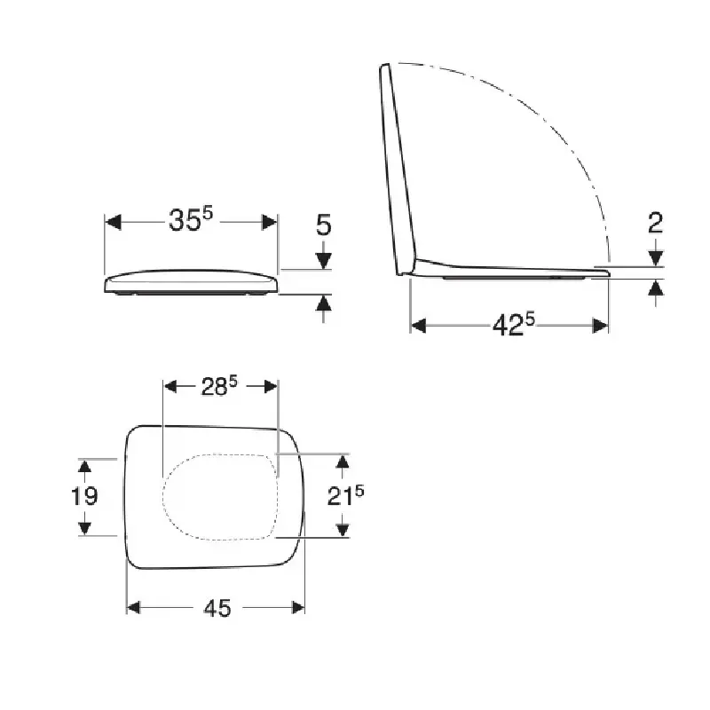 Tehnički prikaz GEBERIT Selnova Square Slim WC daske 500.336.01.1 sa dimenzijama 35,5 × 5 × 45 cm, bela sjajna boja, za proveru uklapanja sa WC šoljom