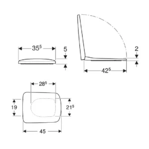 Tehnički prikaz GEBERIT Selnova Square 500.338.01.1 Tehnički prikaz GEBERIT Selnova Square WC daske 500.338.01.1 sa dimenzijama 35,5 × 5 × 45 cm i razmakom pričvršćivanja 15,5 cm
