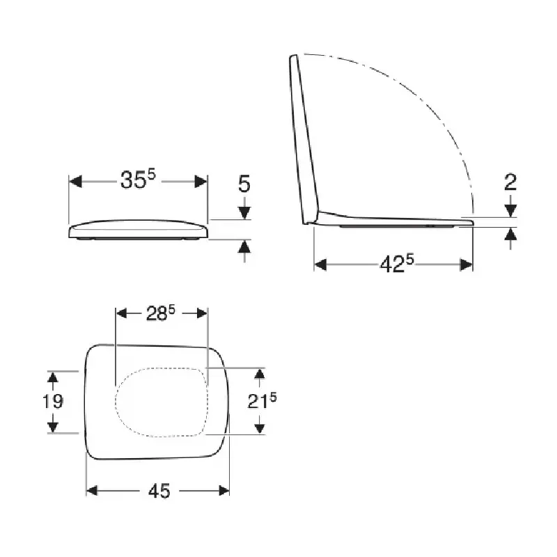 Tehnički prikaz GEBERIT Selnova Square WC daske 500.338.01.1 sa dimenzijama 35,5 × 5 × 45 cm i razmakom pričvršćivanja 15,5 cm