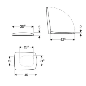 Tehnički prikaz GEBERIT Selnova Square Slim WC daske 500.334.01.1 sa dimenzijama 35,5 × 4,5 × 45 cm i razmakom pričvršćivanja 15,5 cm