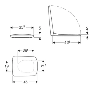 Tehnički prikaz GEBERIT Selnova Square 500.332.01.1 Tehnički prikaz GEBERIT Selnova Square WC daske 500.332.01.1 sa dimenzijama 35,5 × 5 × 45 cm i razmakom pričvršćivanja 15,5 cm