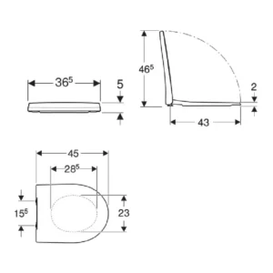 Tehnički prikaz GEBERIT iCon Slim WC daske 574950000 sa potvrđenom širinom 36,5 cm, dužinom 45 cm i razmakom pričvršćivanja 15,5 cm