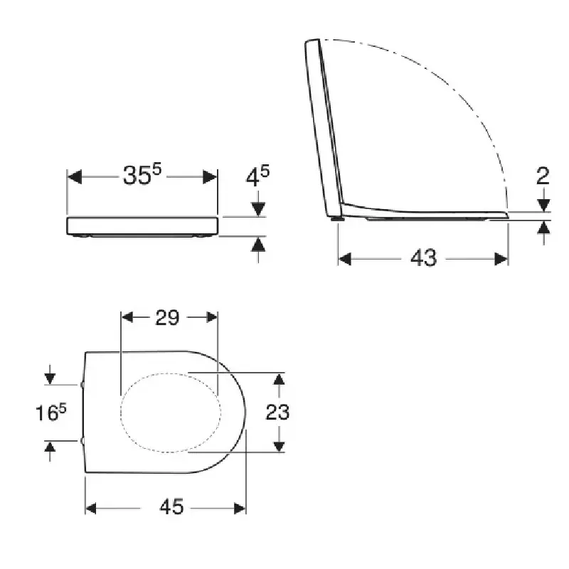 Tehnički prikaz GEBERIT iCon WC daske 574130000 sa dimenzijama 36 × 2 × 46 cm i razmakom pričvršćivanja 15,5 cm