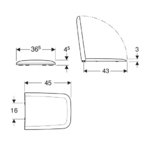 Tehnički prikaz GEBERIT iCon Square WC daske 571910000 sa dimenzijama 36,5 × 4,5 × 45 cm i pričvršćenjem odozgo