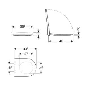 Tehnički prikaz GEBERIT Acanto WC daske 500.605.01.2 sa dimenzijama 35,5 × 5 × 43,5 cm i razmakom pričvršćivanja 15,5 cm