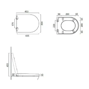 Tehnički prikaz CATALANO Zero/Sfera WC daske SCSTF sa dimenzijama približno 35,4 × 5 × 45,3 cm za proveru kompatibilnosti