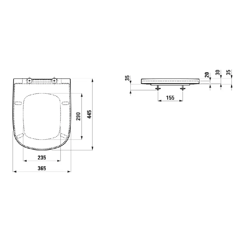 Tehnički prikaz za LAUFEN Palomba WC dasku soft close H8918020000001, bela boja, dimenzije 36,5 × 3,5 × 44,5 cm