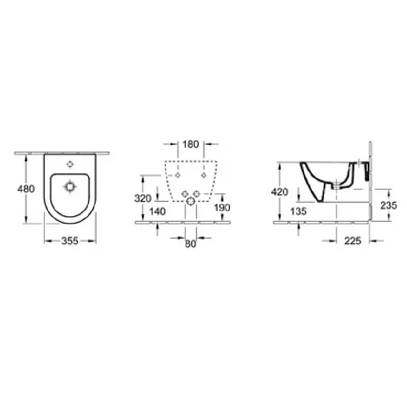 Tehnički prikaz za VILLEROY & BOCH Subway 2.0 Compact konzolni bide 54060001, bela boja, dimenzije 35,5 × 28 × 48 cm