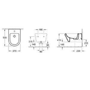 Tehnički prikaz za VILLEROY & BOCH Architectura konzolni bide 54840001, bela boja, dimenzije 37 × 26,5 × 53 cm