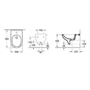 Tehnički prikaz za VILLEROY & BOCH O.novo konzolni bide 54600001, bela boja, dimenzije 36 × 32 × 56 cm