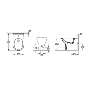 Tehnički prikaz za VILLEROY & BOCH O.novo podni bide 54610001, bela boja, dimenzije 36 × 40 × 57 cm