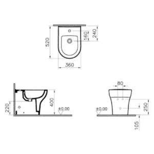 Tehnički prikaz za VITRA Zentrum podni bide 5796L003-0288, bela boja, dimenzije 36 × 40 × 52 cm
