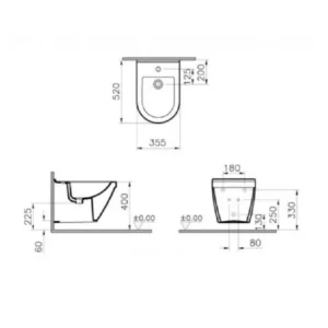 Tehnički prikaz za VITRA S50 konzolni bide 5324L003-0288, bela boja, dimenzije 35,5 × 33 × 52 cm
