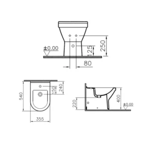 Tehnički prikaz za VITRA S50 podni bide 5325L003-0288, bela boja, dimenzije 35,5 × 40 × 54 cm