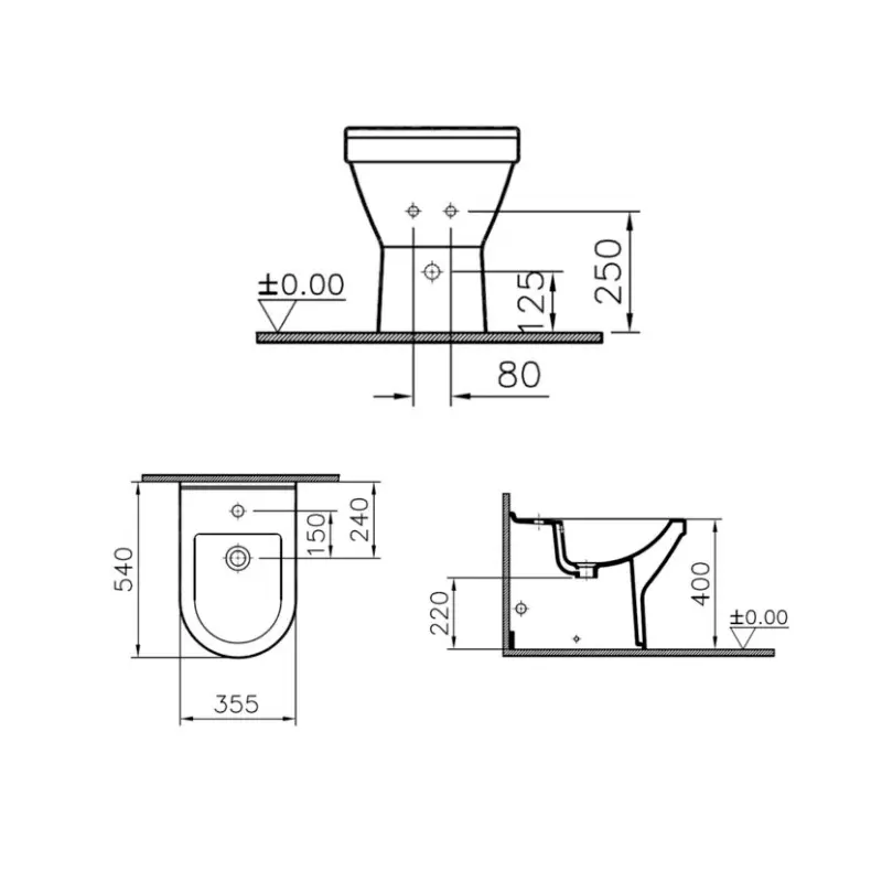 Tehnički prikaz za VITRA S50 podni bide 5325L003-0288, bela boja, dimenzije 35,5 × 40 × 54 cm