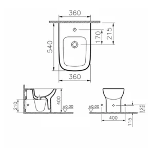 Tehnički prikaz za VITRA S20 bide do zida 5509B003-0290, bela boja, dimenzije 36 × 40 × 54 cm