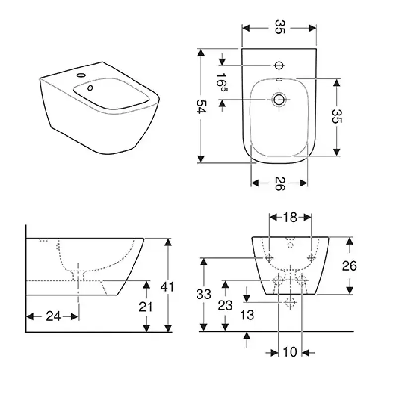 Tehnički prikaz GEBERIT Smyle Square konzolni bide 500.209.01.1 sa dimenzijama 35 × 26 × 54 cm