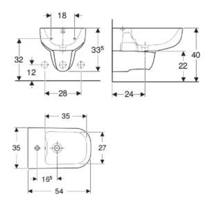 Tehnički prikaz za GEBERIT Smyle konzolni bide 500.216.01.1, bela boja, dimenzije 35 × 33,5 × 54 cm