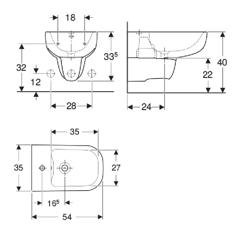 Tehnički prikaz za GEBERIT Smyle konzolni bide 500.216.01.1, bela boja, dimenzije 35 × 33,5 × 54 cm