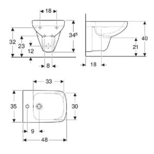 Tehnički prikaz za GEBERIT Selnova Square konzolni bide 500.272.01.1, bela boja, dimenzije 35 × 34,5 × 48 cm
