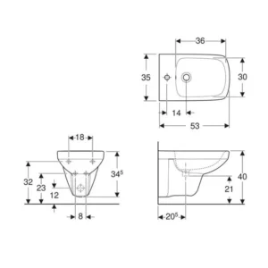 Tehnički prikaz za GEBERIT Selnova Square konzolni bide 500.271.01.1, bela boja, dimenzije 35 × 35,5 × 53 cm