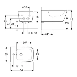 Tehnički prikaz za GEBERIT iCon Square konzolni bide 231910000, bela boja, dimenzije 35 × 26 × 54 cm