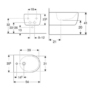 Tehnički prikaz za GEBERIT iCon konzolni bide 234000000, bela boja, dimenzije 35,5 × 23,5 × 54 cm