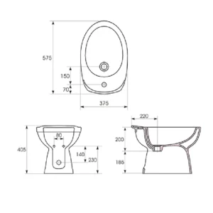 Tehnički prikaz za CERSANIT Eko podni bide K07-017, bela boja, širina 37,5 cm i dubina 57,5 cm