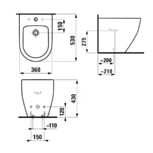 Tehnički prikaz za LAUFEN Pro back-to-wall podni bide 3295.2, bela boja, dimenzije 36 × 43 × 53 cm