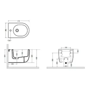 AXA Glomp bide 0202010 tehničke dimenzije Tehnički prikaz za AXA Glomp konzolni bide pesak 0202010, boja pesak, dimenzije 36,5 × 32 × 51 cm