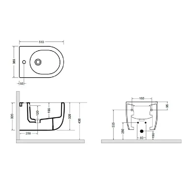 Tehnički prikaz za AXA Glomp konzolni bide crni 0202007, crna boja, dimenzije 36,5 × 32 × 51 cm