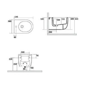 Tehnički prikaz za AXA Glomp back-to-wall bide 0202207, crna boja, dimenzije 36,5 × 42,5 × 51 cm