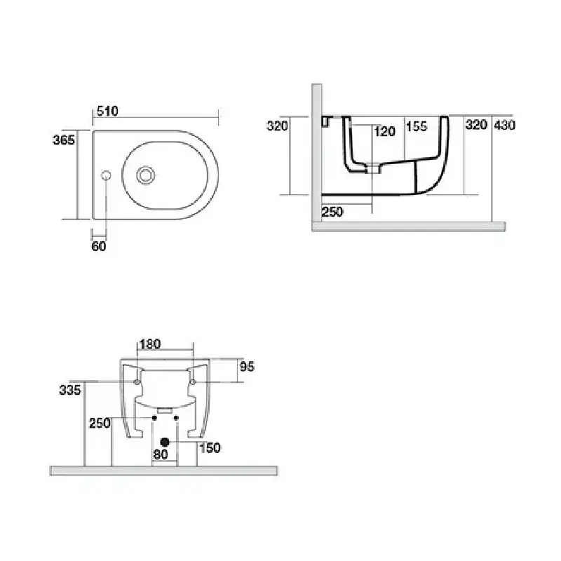 Tehnički prikaz za AXA Glomp back-to-wall bide 0202207, crna boja, dimenzije 36,5 × 42,5 × 51 cm