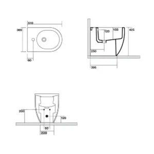 Tehnički prikaz za AXA Glomp back-to-wall bide 0202201, bela boja, dimenzije 36,5 × 42,5 × 51 cm