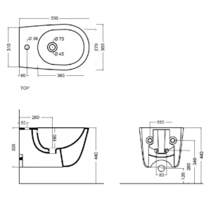 AXA Eva bide 8802001 tehničke dimenzije Tehnički prikaz za AXA Eva konzolni bide 8802001, bela boja, dimenzije 36 × 39 × 55 cm
