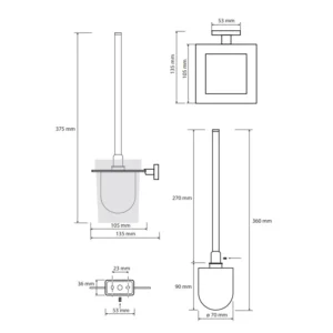 Tehnički crtež BEMETA Niki WC četka 153113012 dimenzije 10.5 × 37.5 × 13.5 cm
