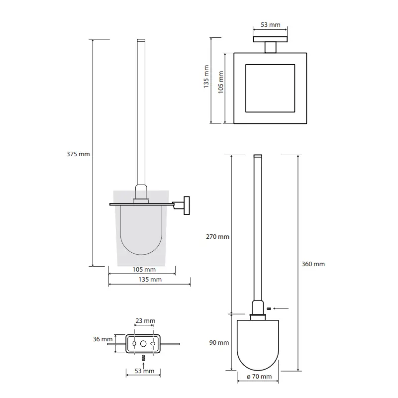 Tehnički crtež BEMETA Niki WC četka 153113012 dimenzije 10.5 × 37.5 × 13.5 cm