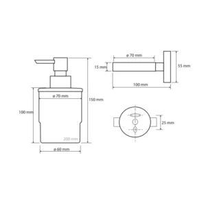 Tehnički crtež BEMETA Omega dozator sapuna 200 ml 138709041 dimenzije 7.5 × 15 × 10 cm