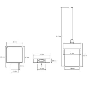 Tehnički crtež BEMETA Nero WC četka 135013010 dimenzije 9.3 × 37.5 × 12.7 cm